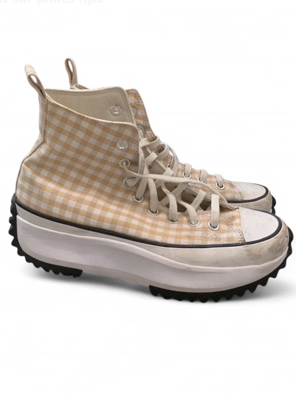 Converse Chunky High-Top Gingham Platform Sneakers in Beige and White